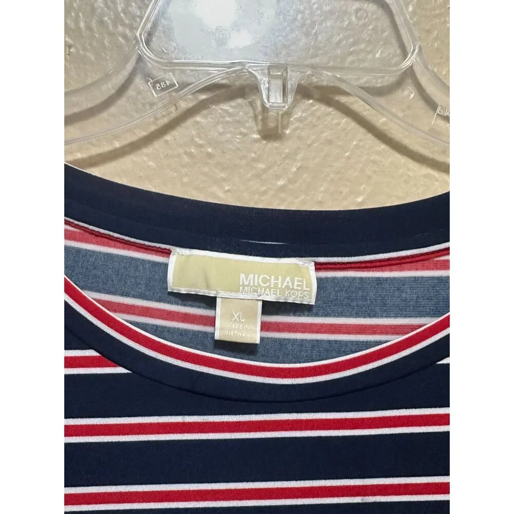 Michael Kors Navy Red Striped Puff‎ Sleeve Top Women’s XL Stretchy Casual