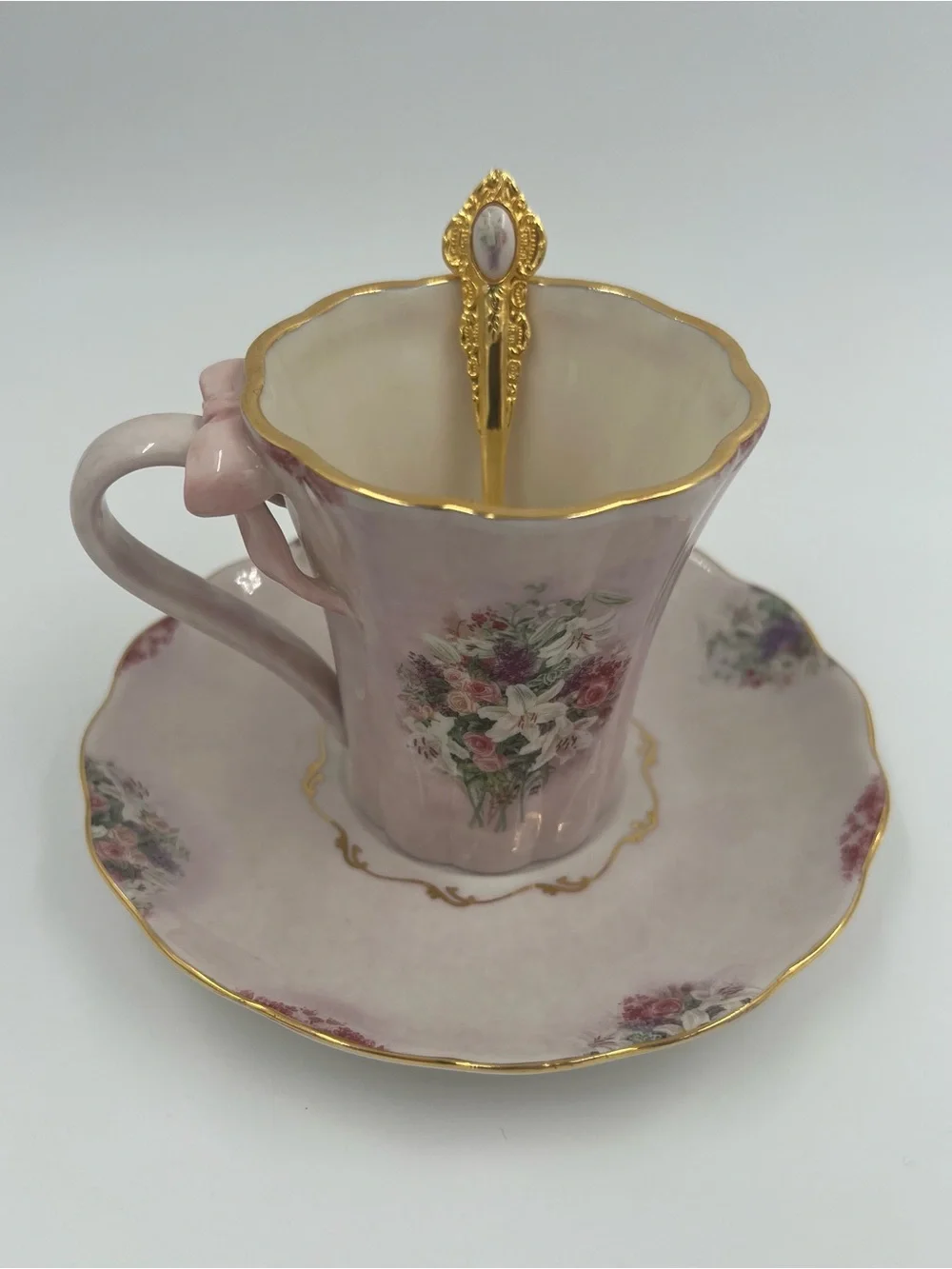 Bradford Editions Lavender Lily Porcelain Cup Saucer Spoon Pink 3pc Set Vintage
