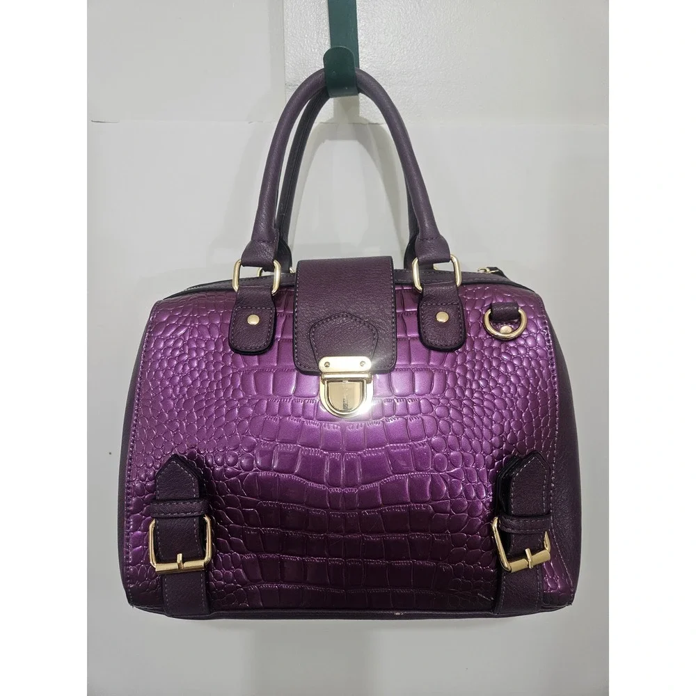 Purple Croc Embossed Satchel Handbag Gold Hardware with Matching Wristlet Pouch