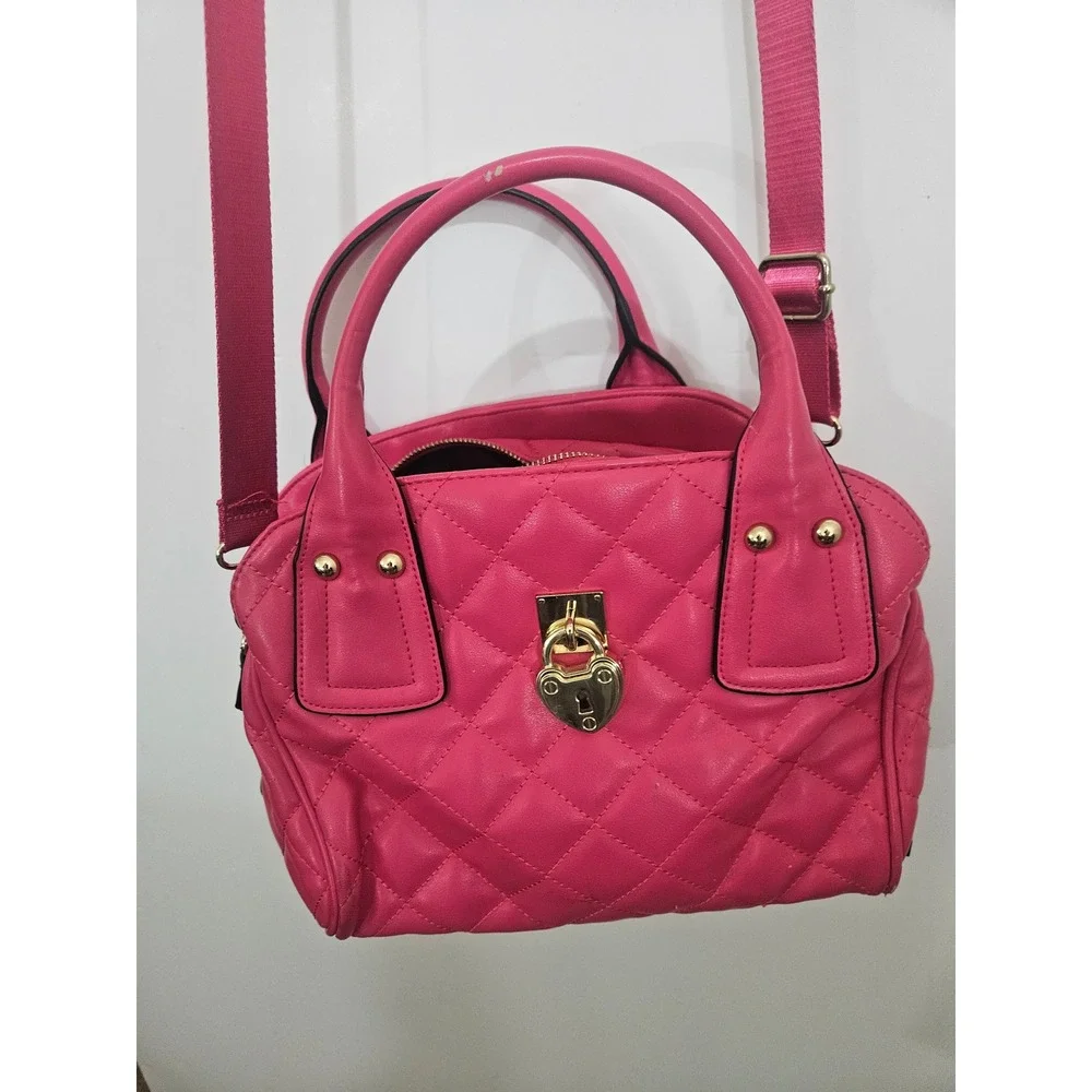 Juicy Couture Hot Pink Quilted Satchel Crossbody Bag Gold Heart Lock Detail