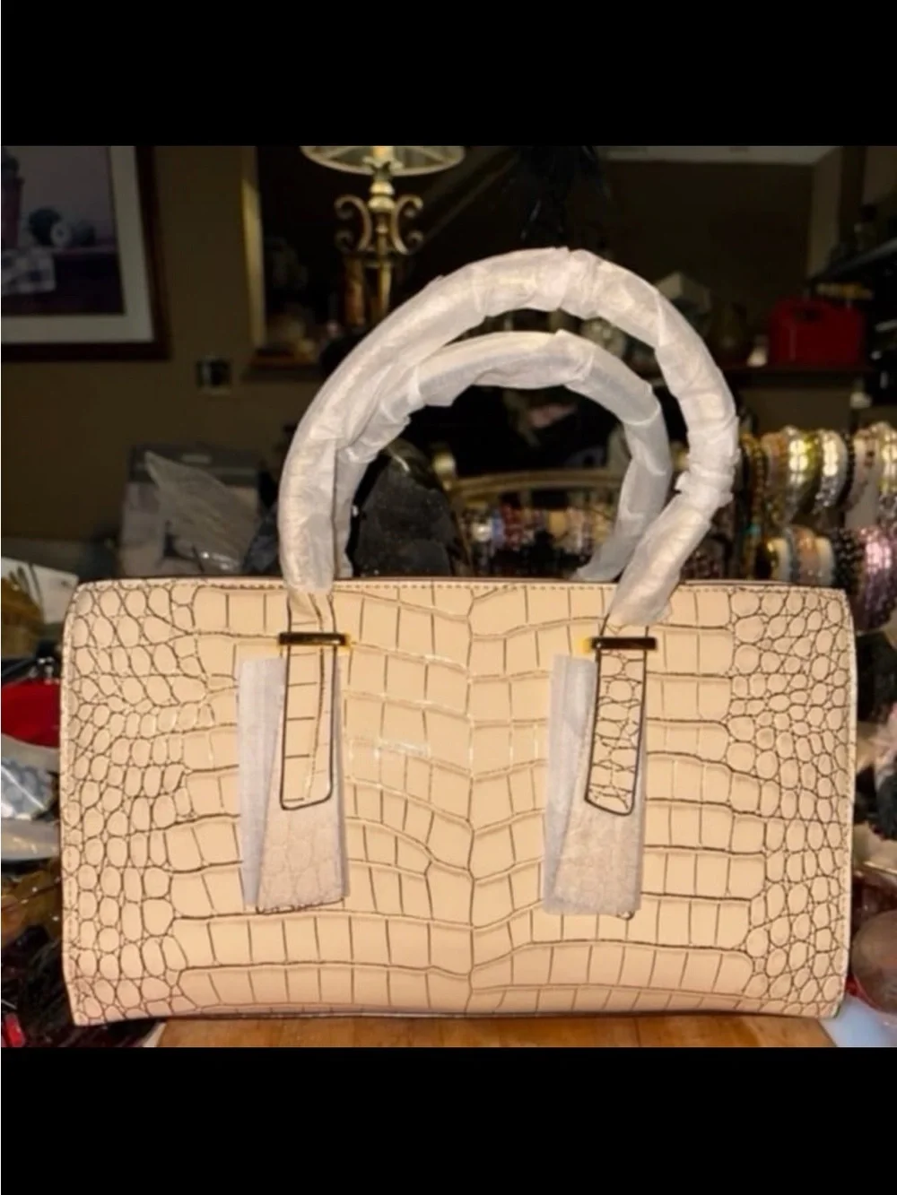Elegant Cream Croc-Embossed Satchel Bag