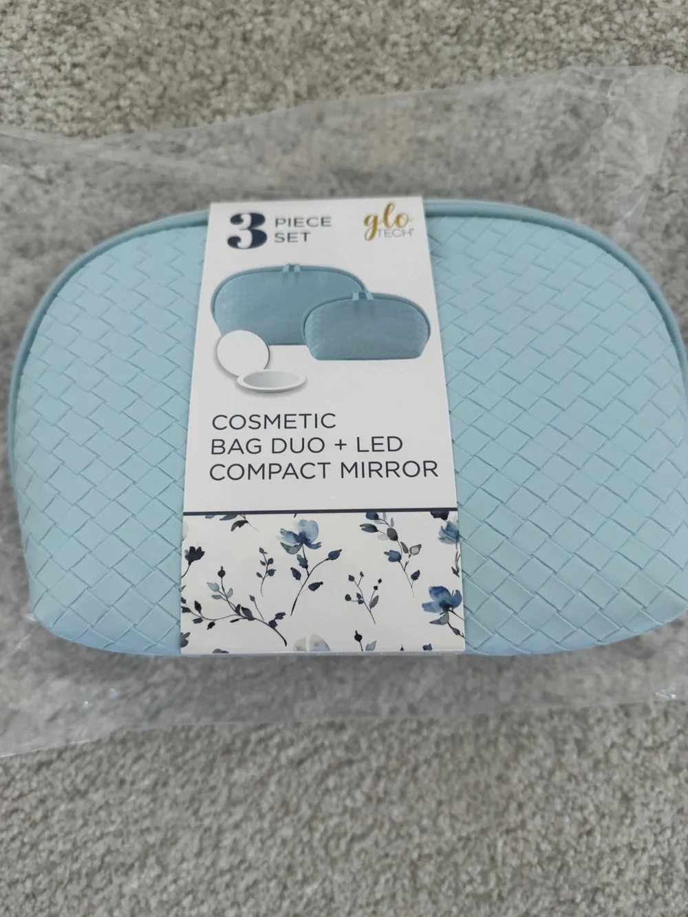 Glo Tech 3-Piece Cosmetic Bag Duo + LED Compact Mirror, Light Blue - NWT