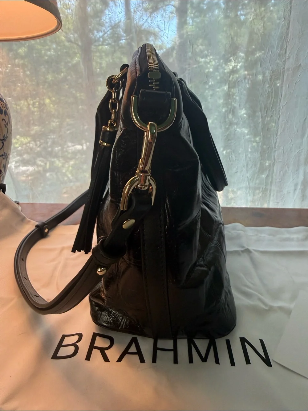 Brahmin Black Croc-Embossed Patent Satchel with Tassel