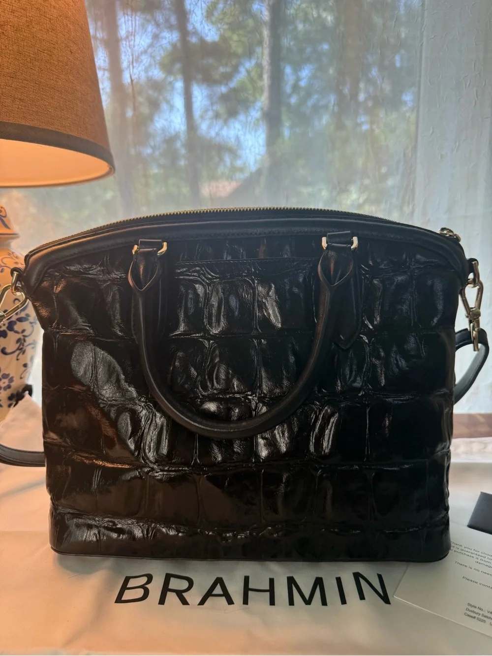 Brahmin Black Croc-Embossed Patent Satchel with Tassel