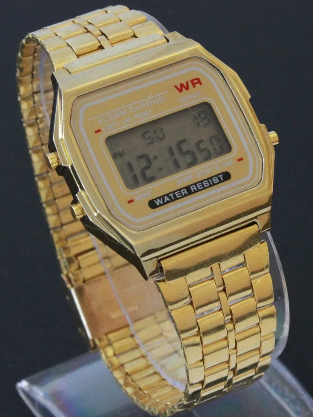 Retro Style Digital Watch Metal Case Bracelet Back light, Stopwatch, Day, Date