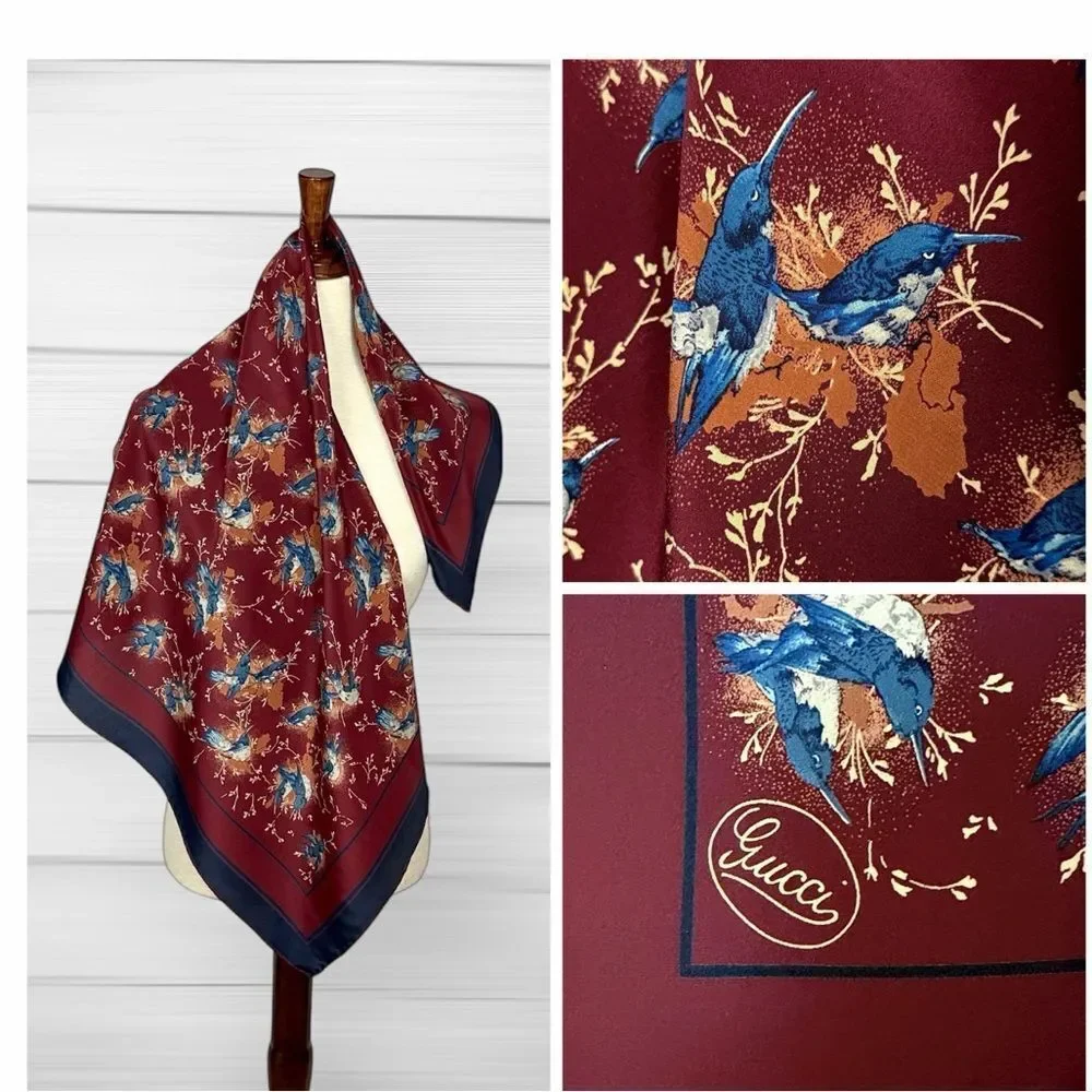 Gucci Silk Scarf Maroon Blue Bird Print Vintage Script Logo 33x33