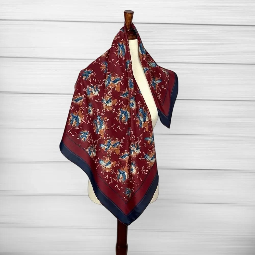Gucci Silk Scarf Maroon Blue Bird Print Vintage Script Logo 33x33