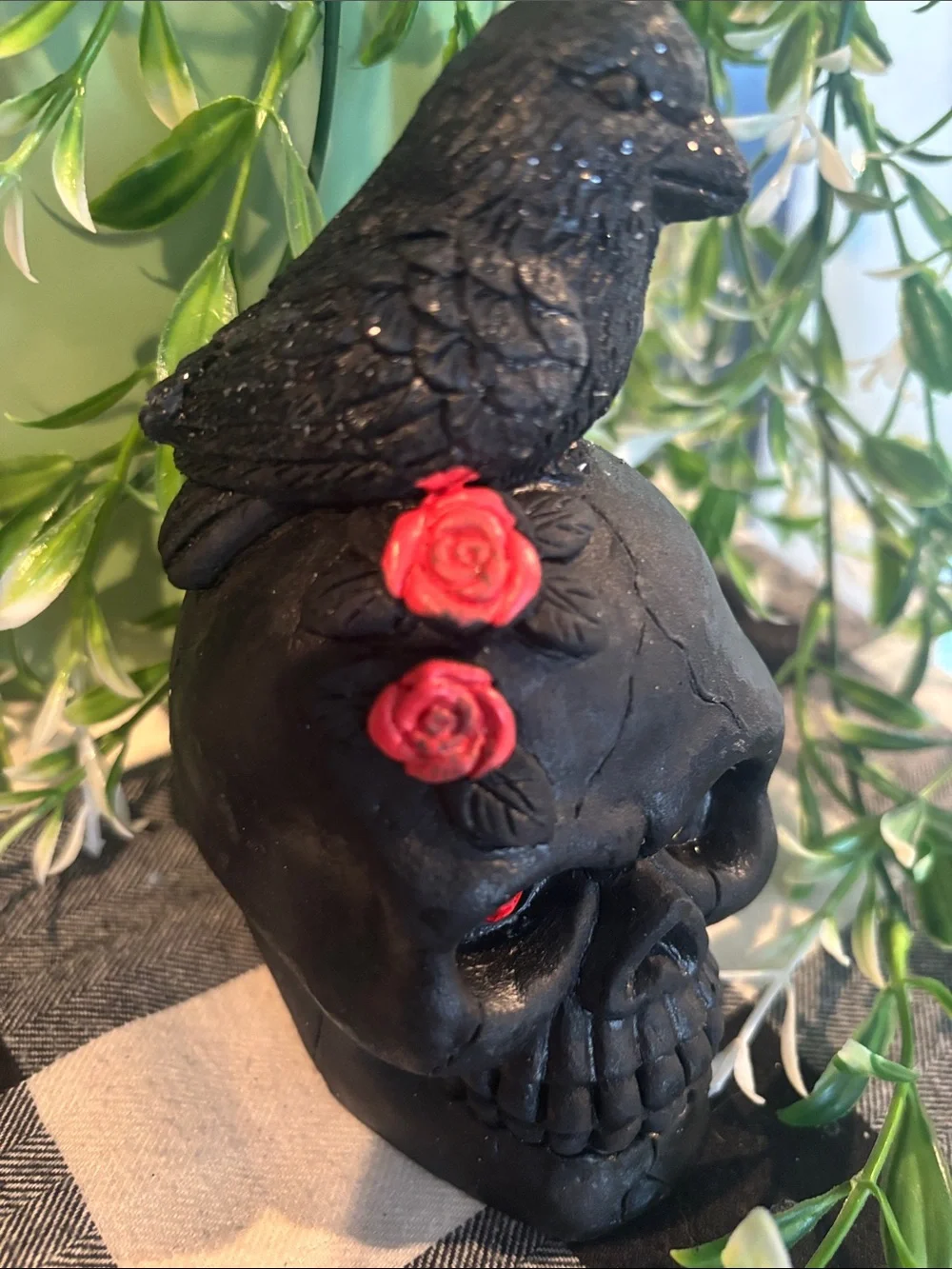 Black Skull Accent with Raven and Red Rose Detail