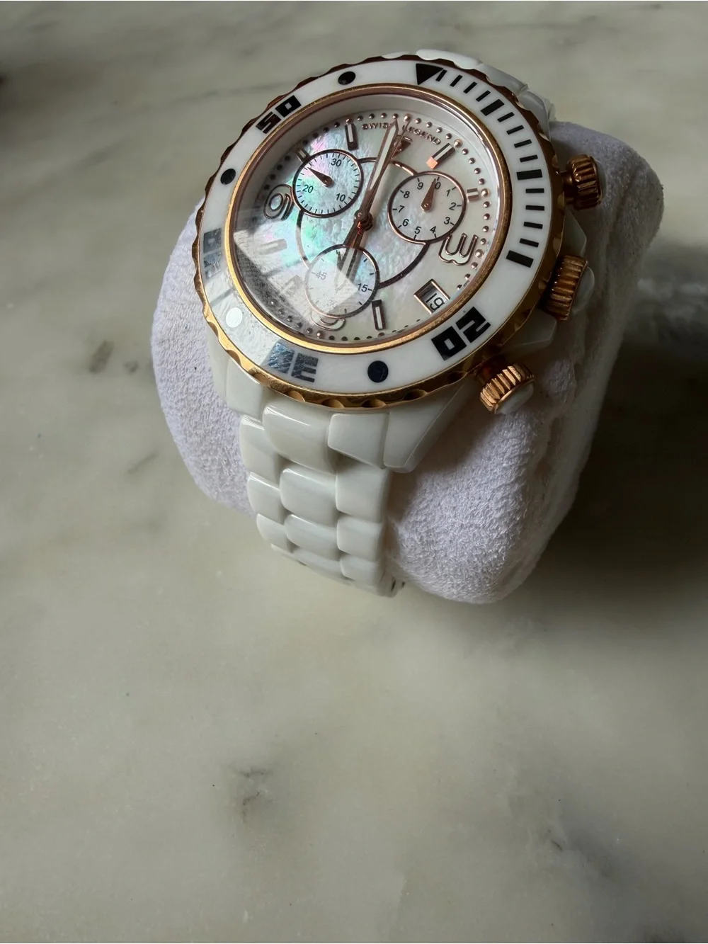 White Ceramic Chronograph Swiss Legend Watch with Rose Gold Accents