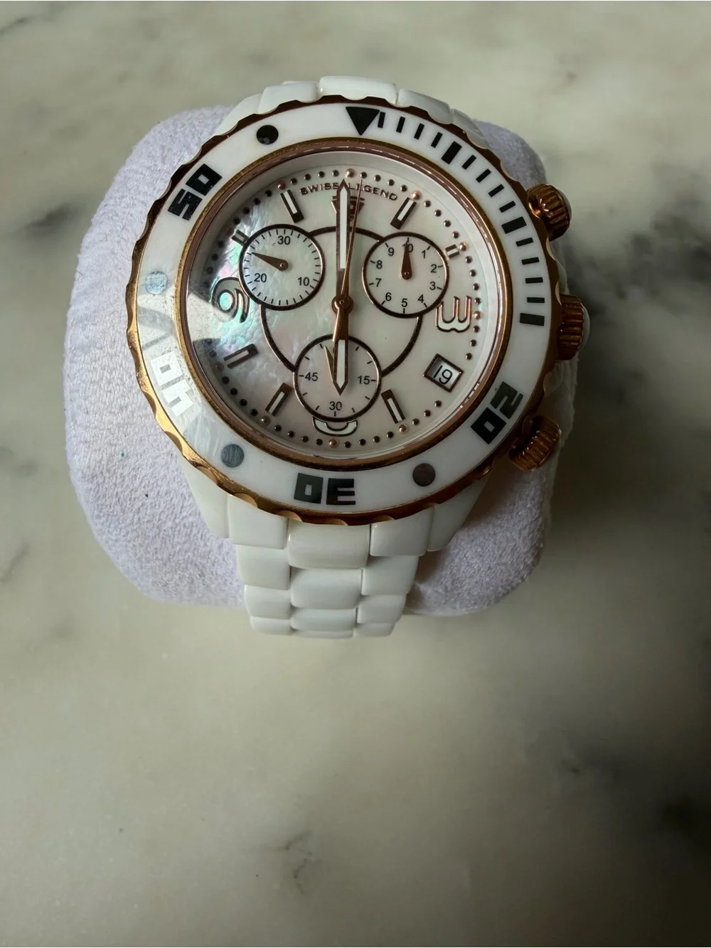 White Ceramic Chronograph Swiss Legend Watch with Rose Gold Accents