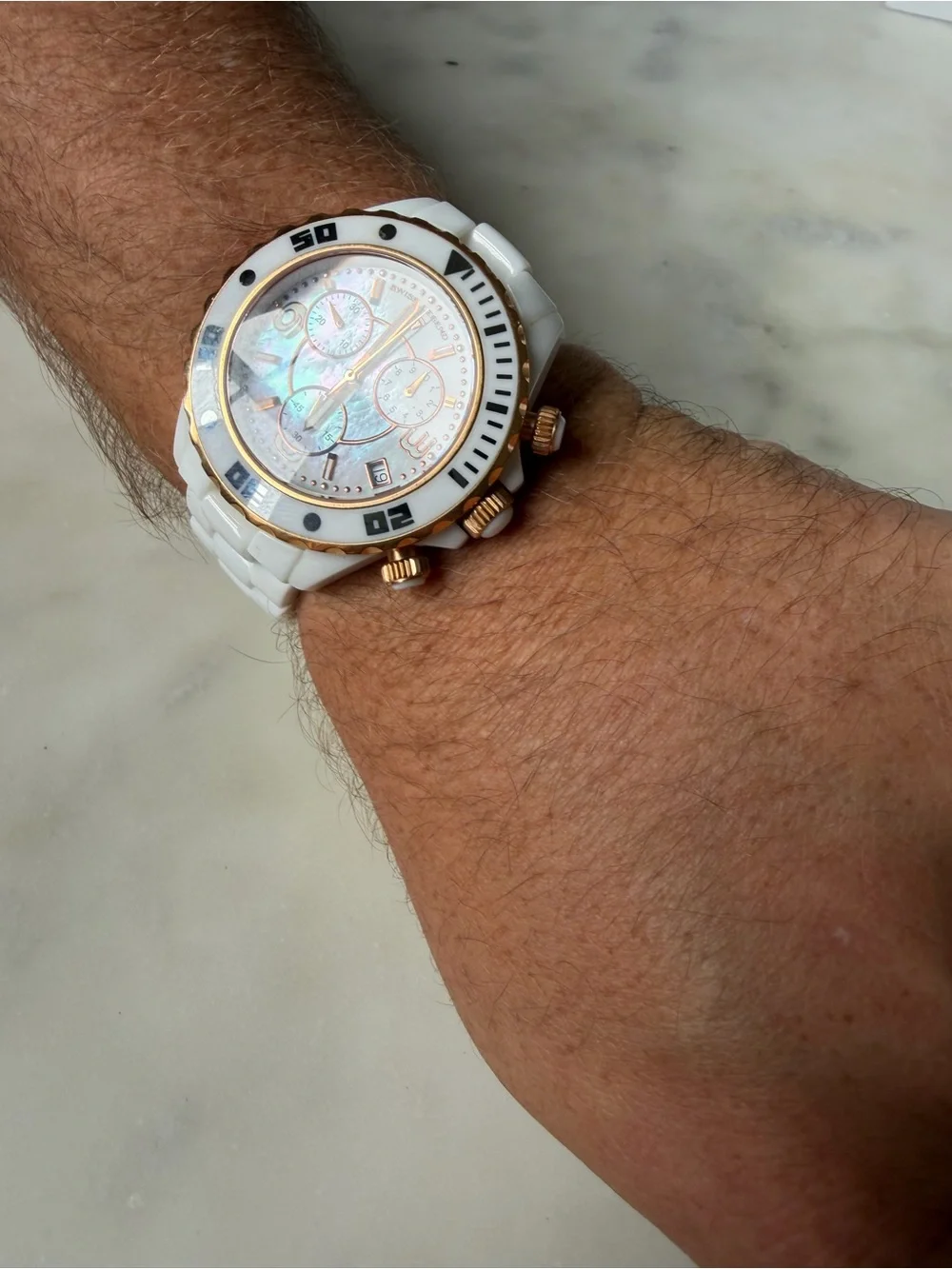 White Ceramic Chronograph Swiss Legend Watch with Rose Gold Accents