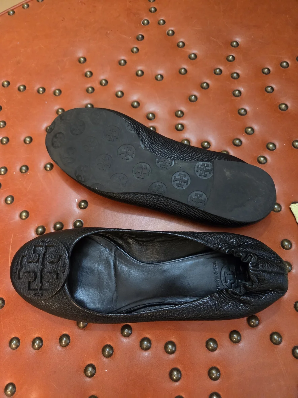 Tory Burch Black Leather Logo Ballet Flats