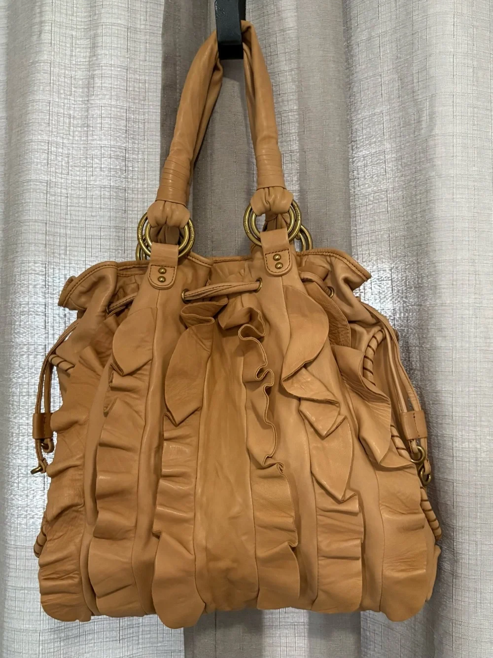 Ziordia Vintage Cream Ruffled Leather Hobo Bag Slouchy