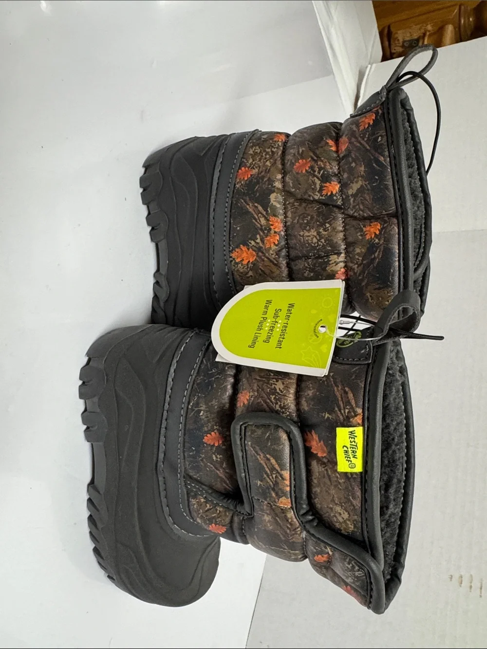 Western Chief Kids Brown Camo Snow Boots with Orange Leaf Accents