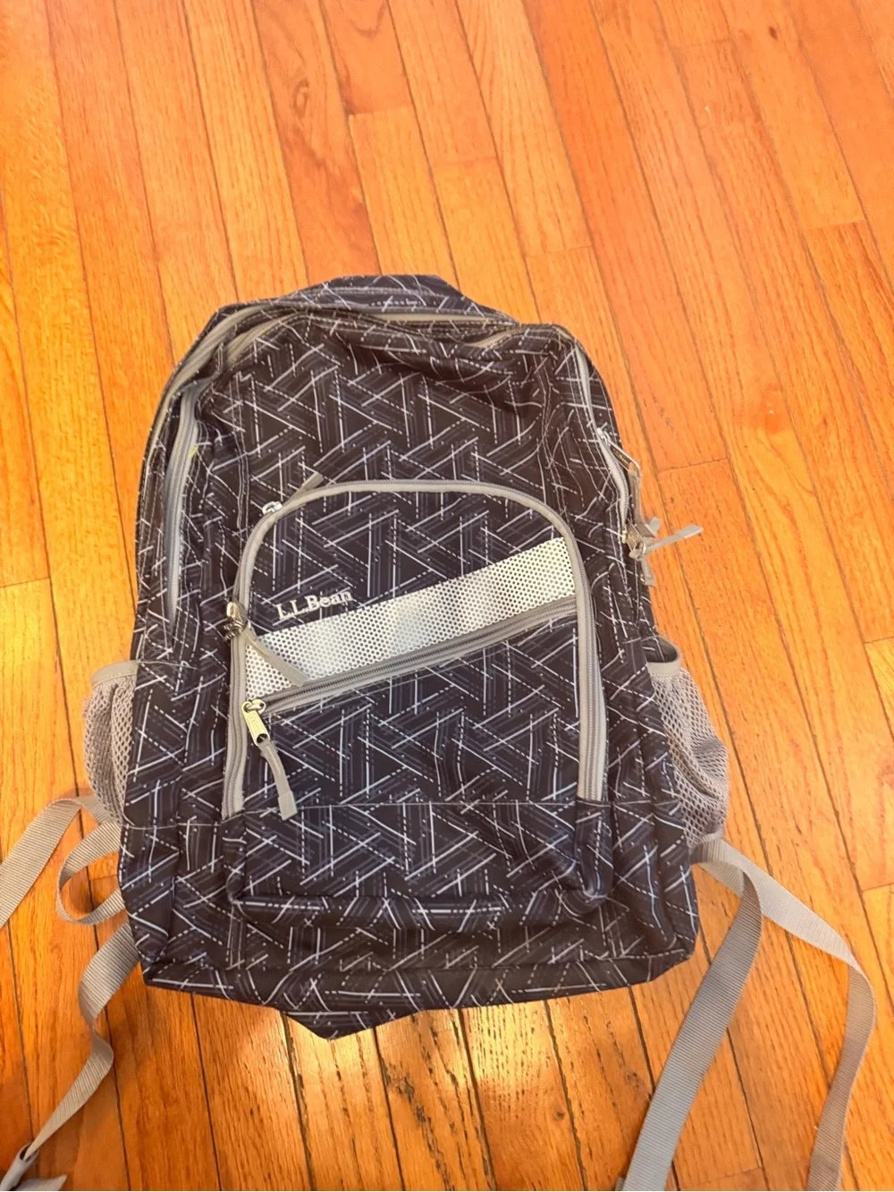 L.L. Bean Black Geometric Print Backpack with Gray Accents