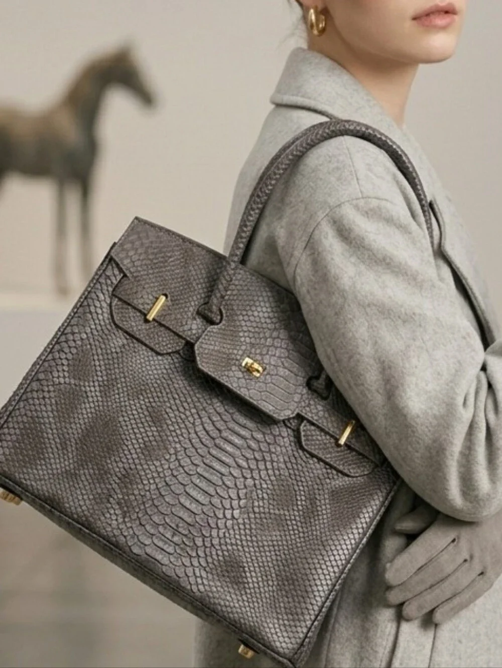 Gray Textured Faux Leather Tote Bag with Gold Hardware + 1 Long Strap INCLUDED