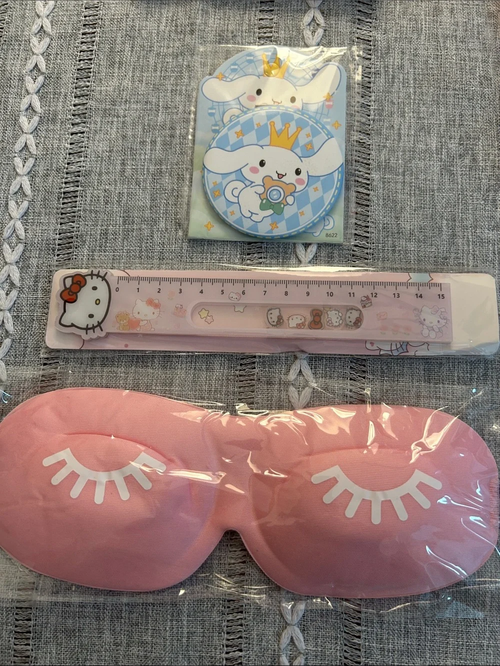 Sanrio Pink Sleep Mask with Hello Kitty Ruler and Cinnamoroll Mirror Set