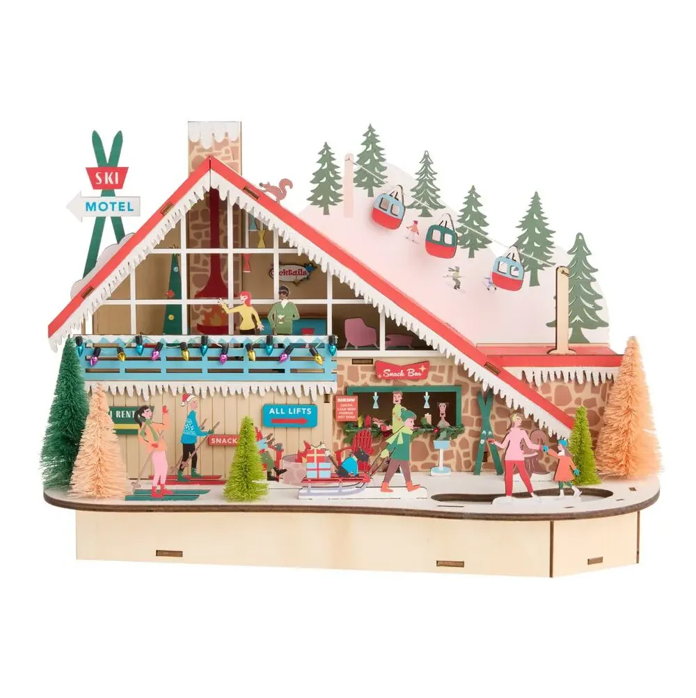 Mid-Century Modern Ski Lodge Large Light Up LED Christmas Decor Laser Wood NEW