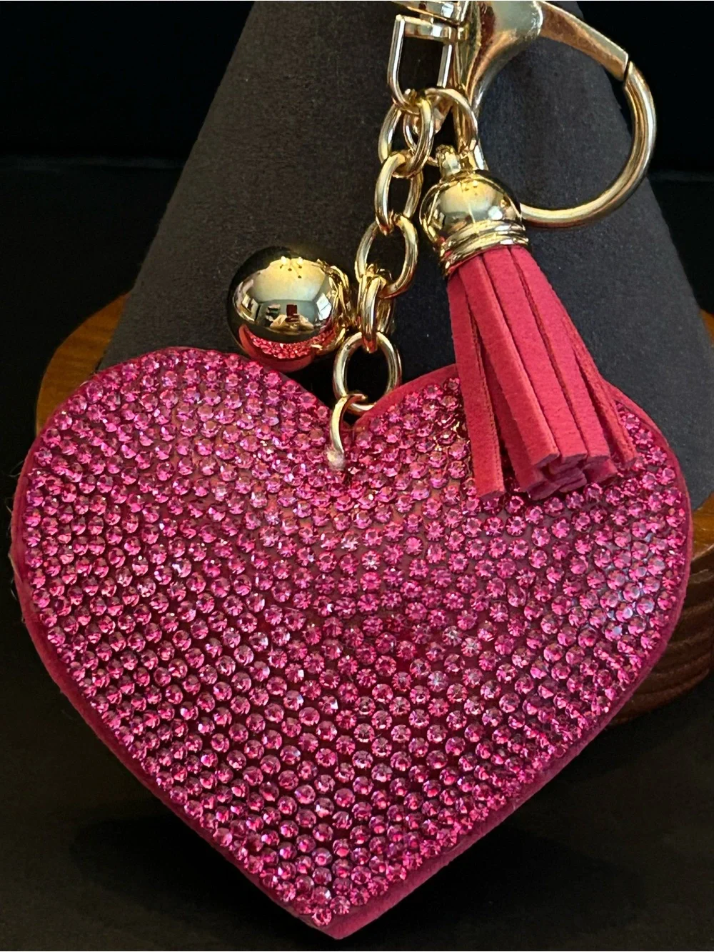 PREMIUM Puffy Hot Pink Crystal Heart 🩷 Bag Charm Keychain w/Tassel & Gold Clasps