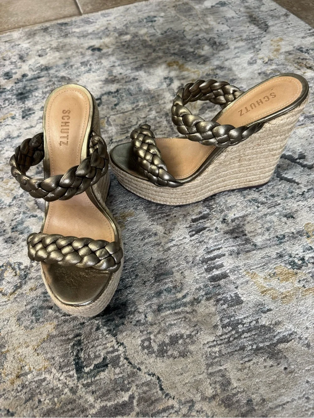 SCHUTZ Metallic Braided Espadrille Wedge Sandals - Gold