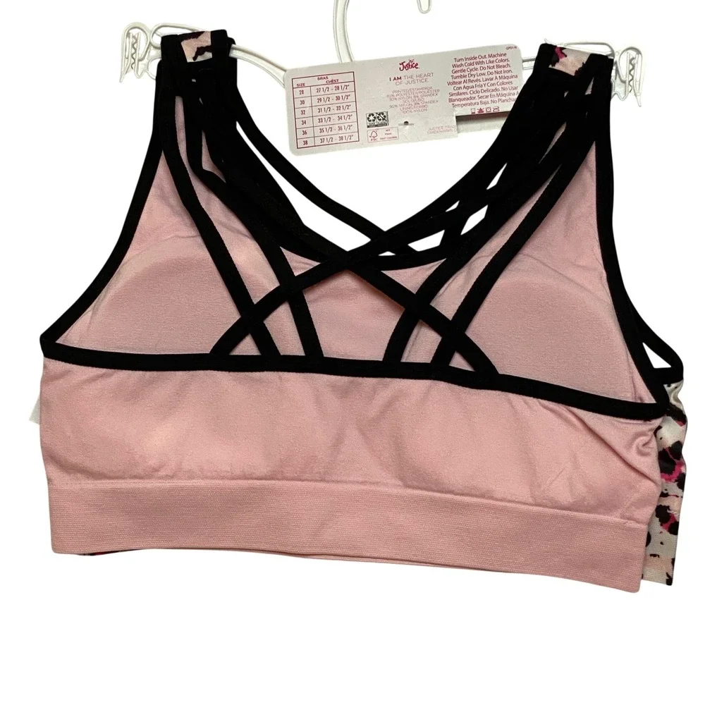 Justice Girls 2 Pack Sports Bras Size 32 Leopard Pink Strappy Back‎ Seamless NWT