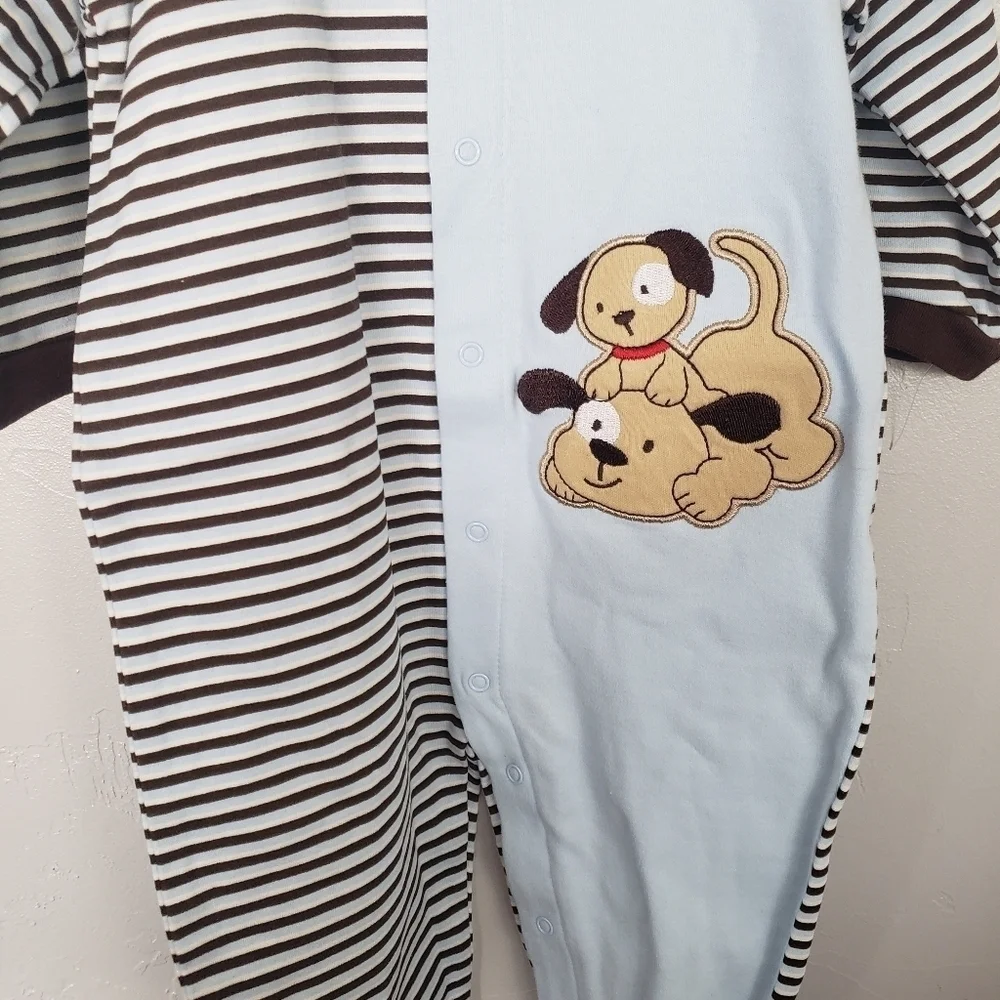 Babyworks NWOT Baby Boy 6-9 Months Blue Brown Footie Pajamas Dog Stripes PJs