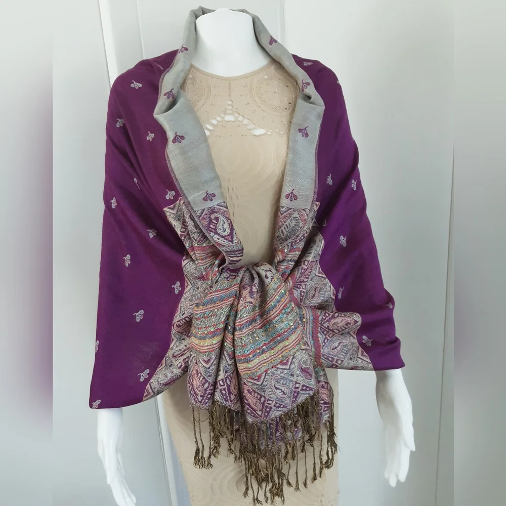 Water PASHMINA Purple | Gray Paisley Floral Wool | Silk Blend Shawl Sz 78