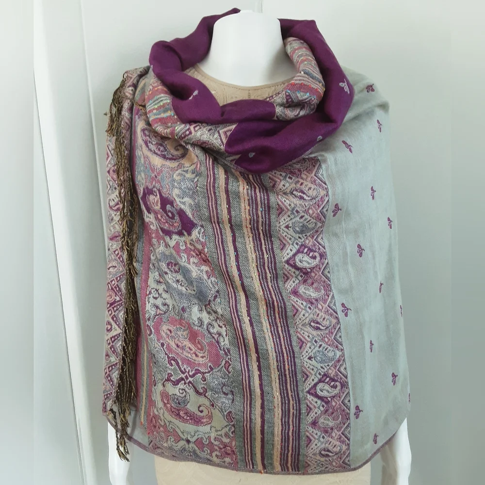 Water PASHMINA Purple | Gray Paisley Floral Wool | Silk Blend Shawl Sz 78