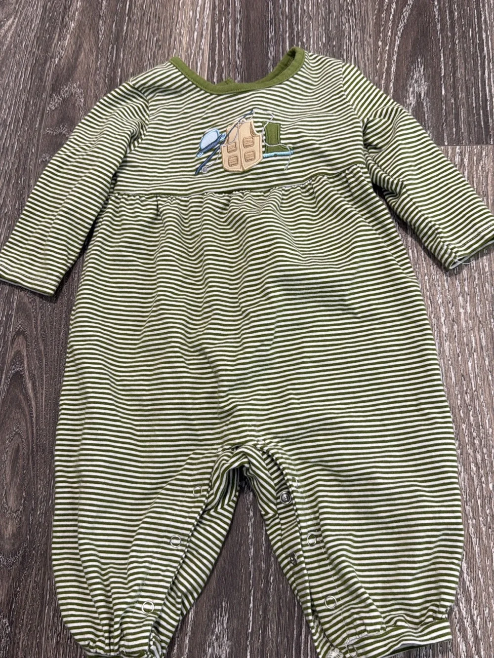 Striped Olive Green Baby Romper with Embroidered Patch