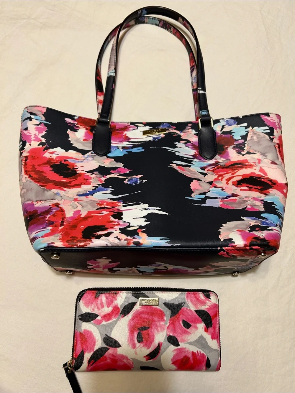 kate spade Black Floral Tote with Matching Wallet - Pink & Red Floral