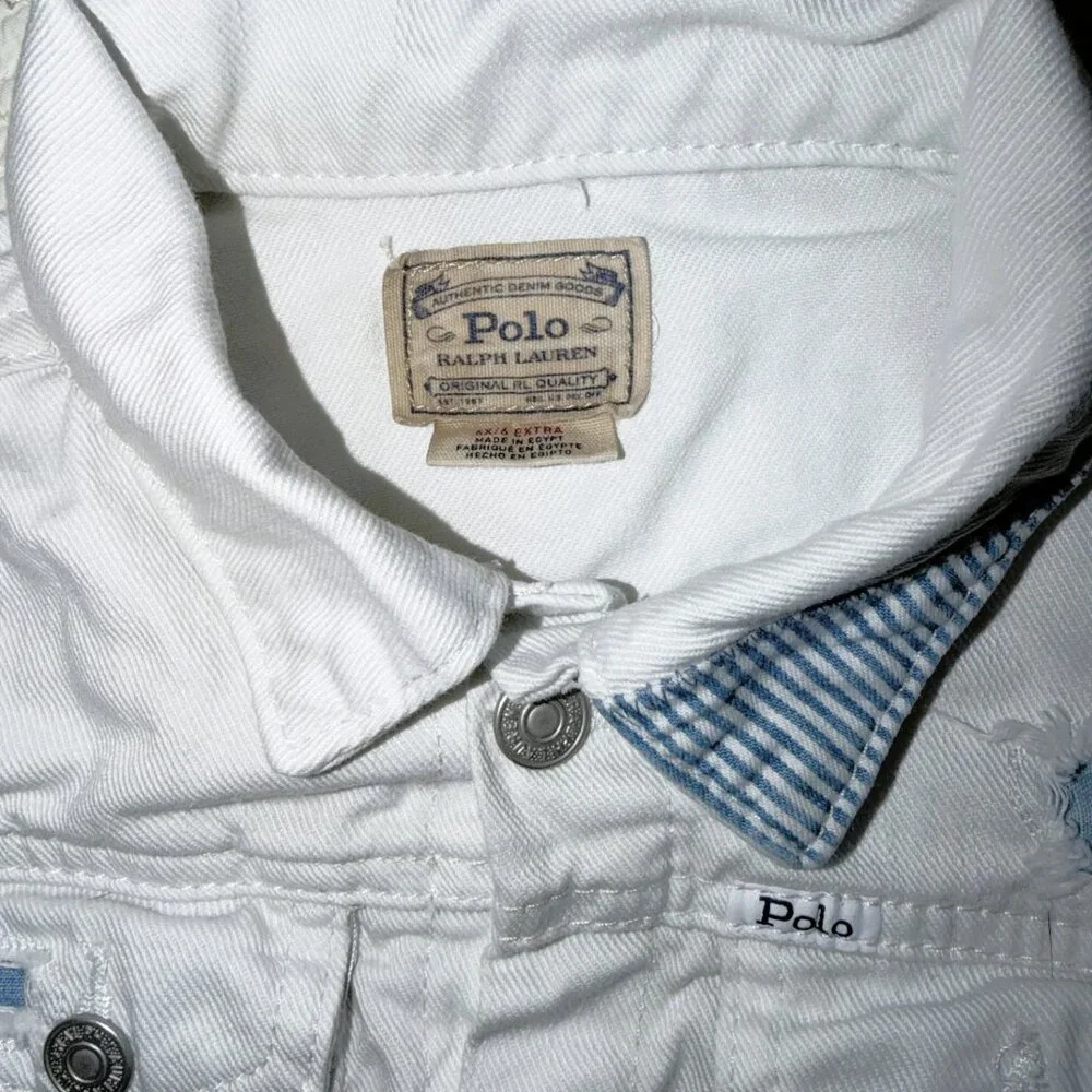 Polo Ralph Lauren Girls 6X White Denim Jacket Blue Patchwork Y2K Vintage