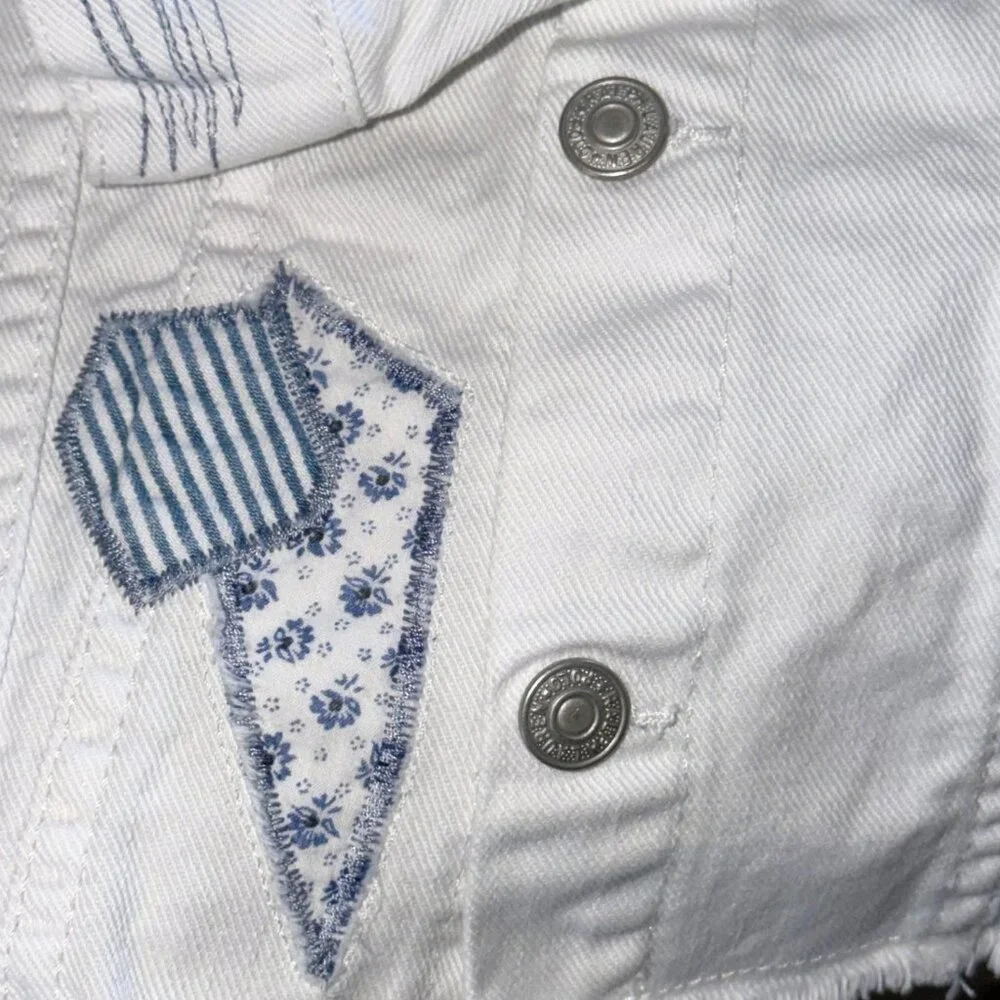 Polo Ralph Lauren Girls 6X White Denim Jacket Blue Patchwork Y2K Vintage