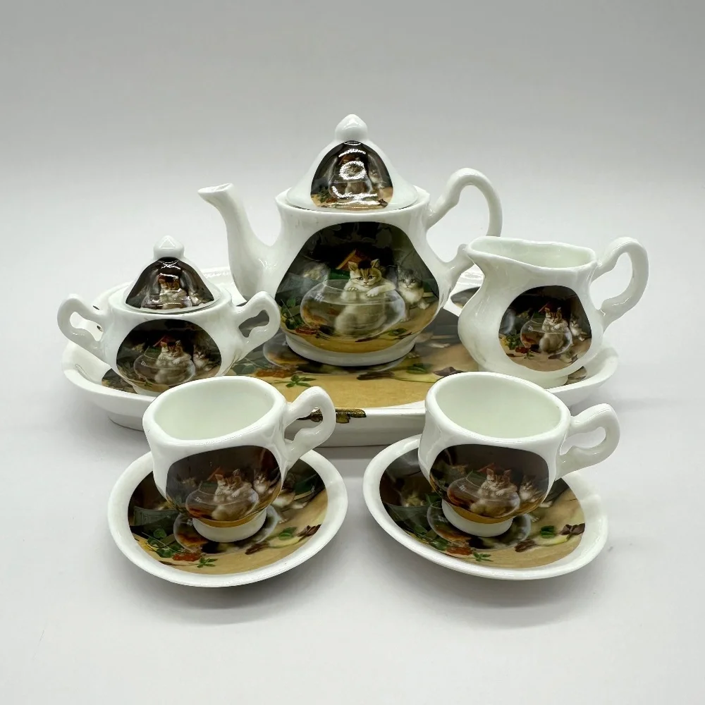 Vintage Crownford Made In England Fine Bone China Miniature Tea Set Cats