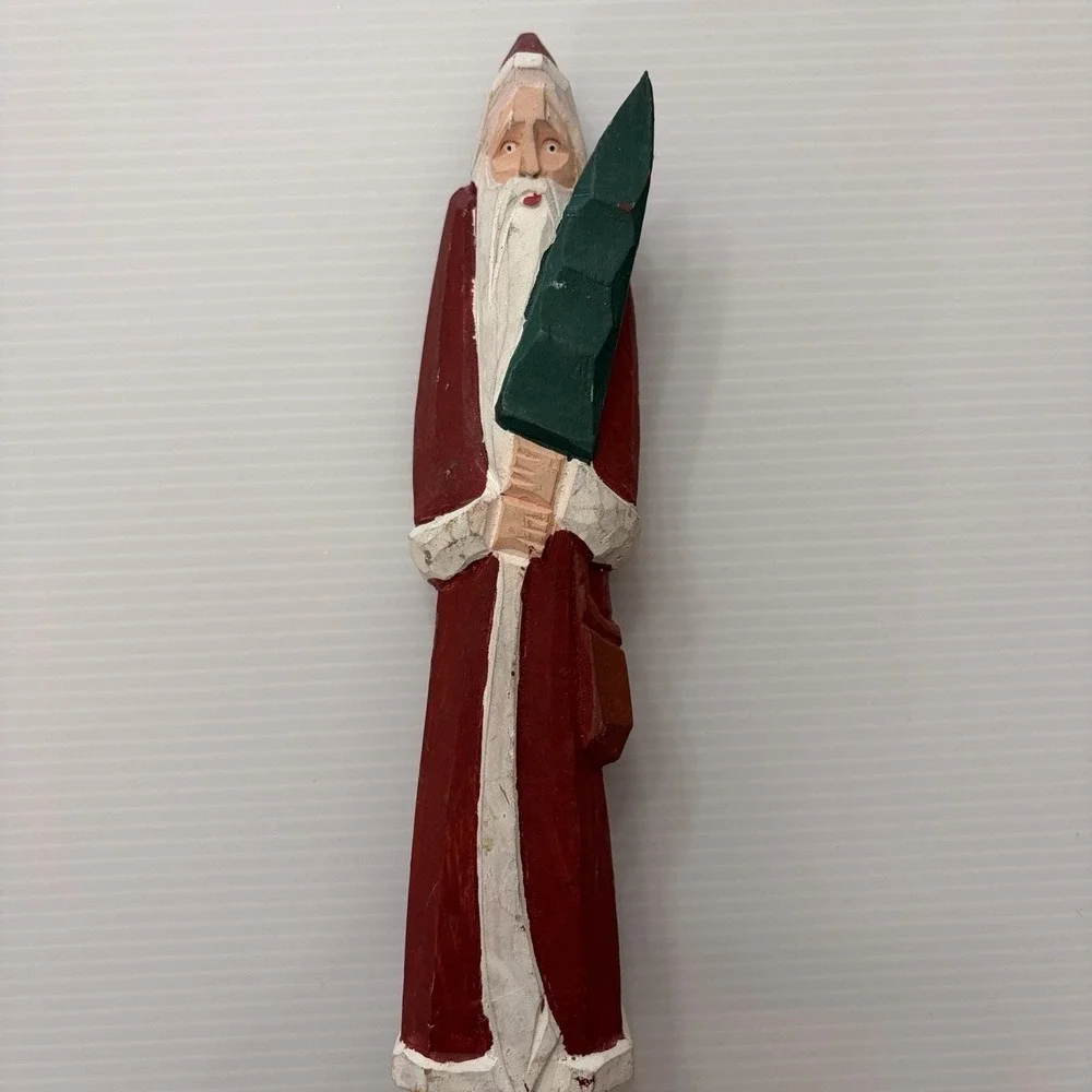 Folk Art Hand Carved Wood Santa Claus Holding Christmas Tree Primitive Rustic