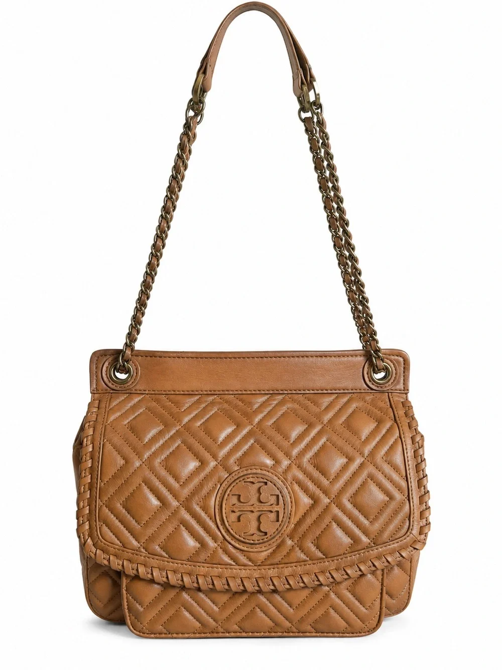 Tory Burch Fleming Brown Leather Quilted Shoulder Bag Chain Strap Whipstitch