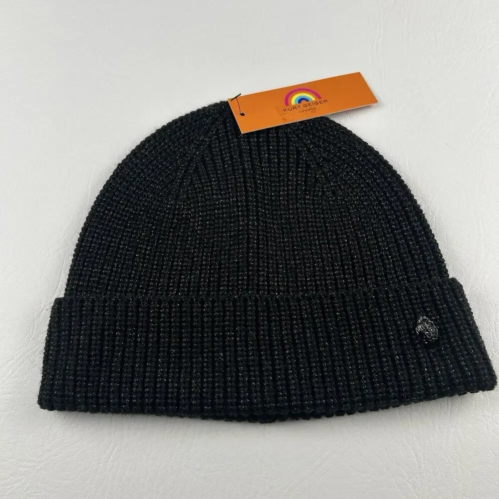 Kurt Geiger London Black Knit Beanie Hat Cuffed One Size NWT Unisex Ribbed