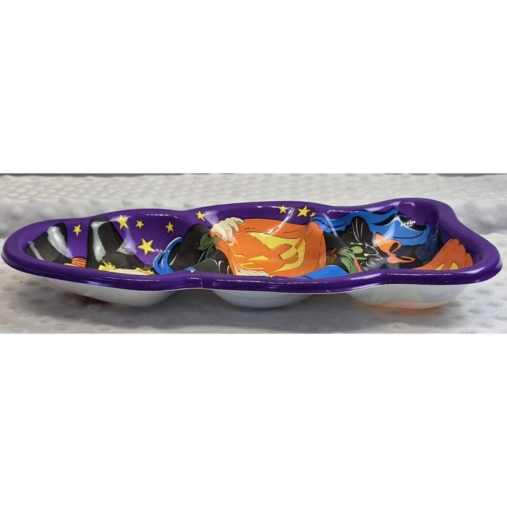 Vintage Halloween Serving Tray Berman Plastic Candy Treat Dish Witch Pumpkin Cat