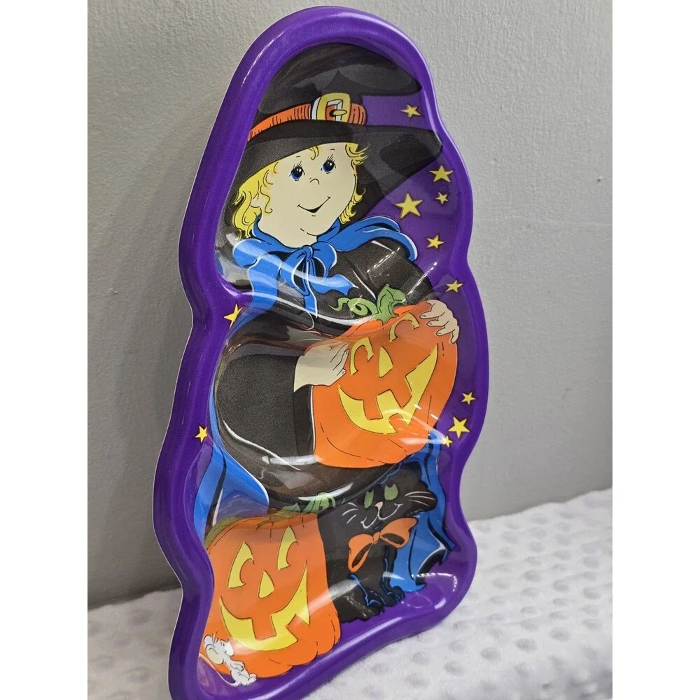 Vintage Halloween Serving Tray Berman Plastic Candy Treat Dish Witch Pumpkin Cat