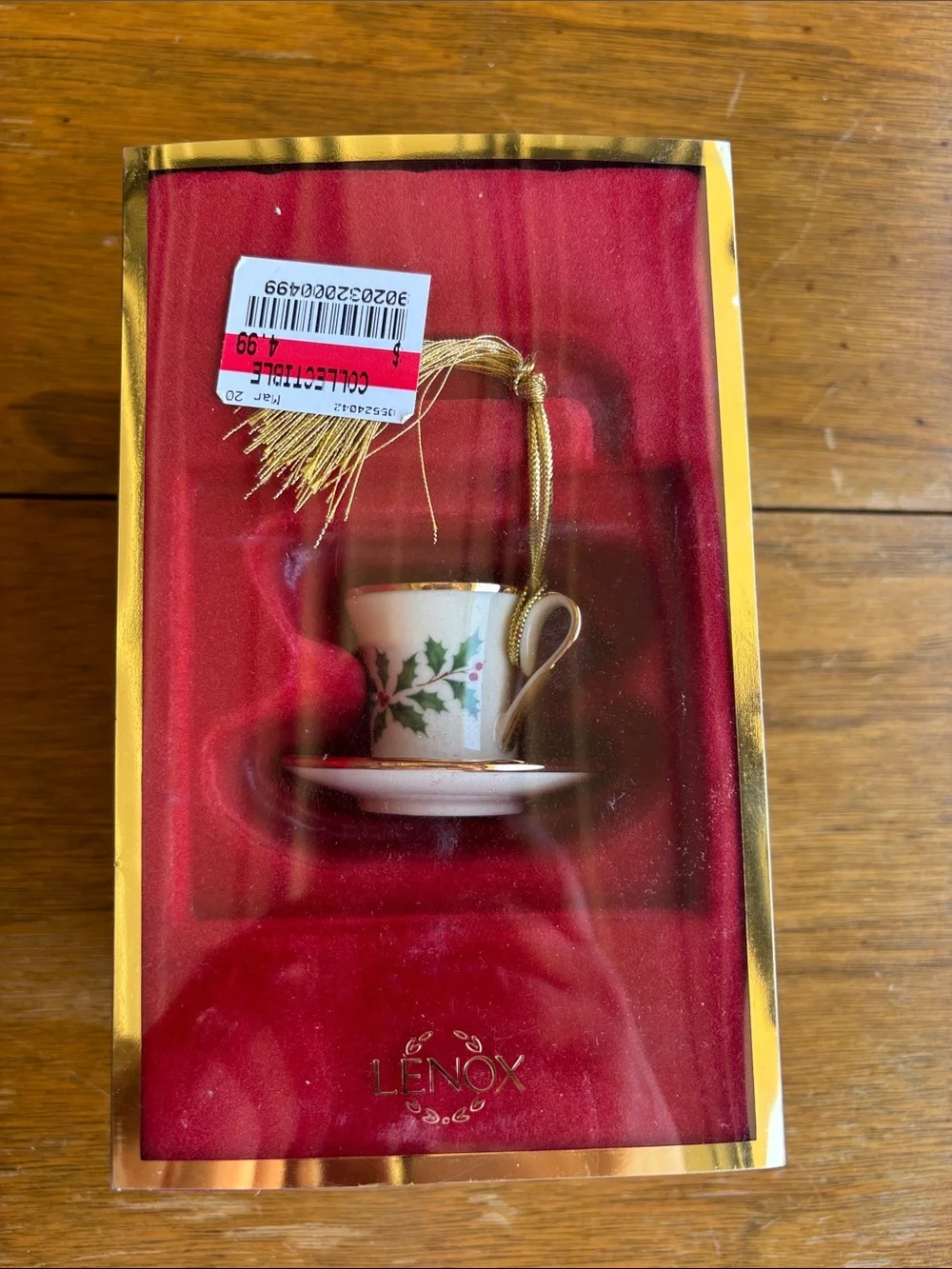 Lenox White Teacup Ornament with Green Holly and Gold Accents