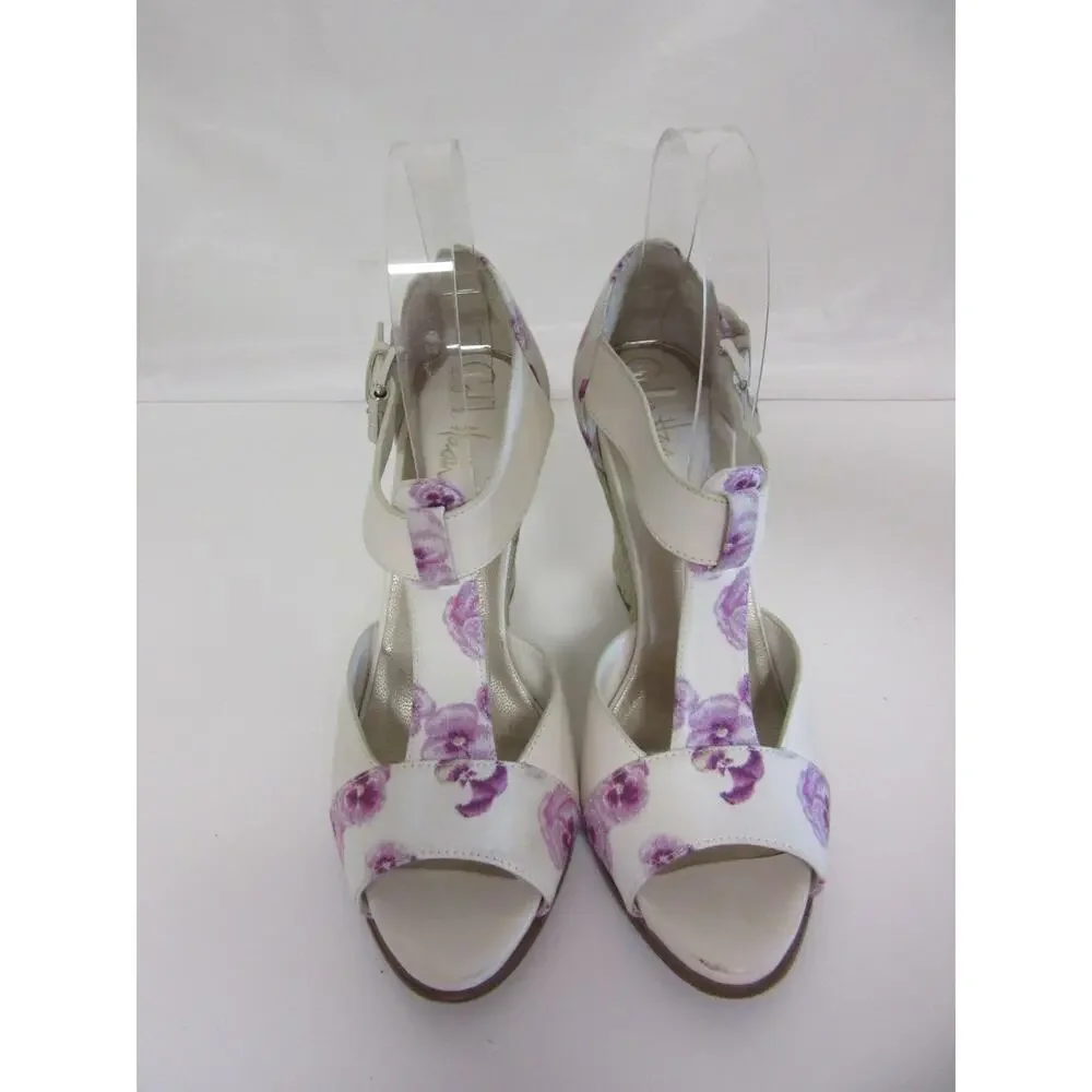 COLE HAAN Women's Purple Floral Print 6 1/2B Peep Toe Wedge T-Strap Heels