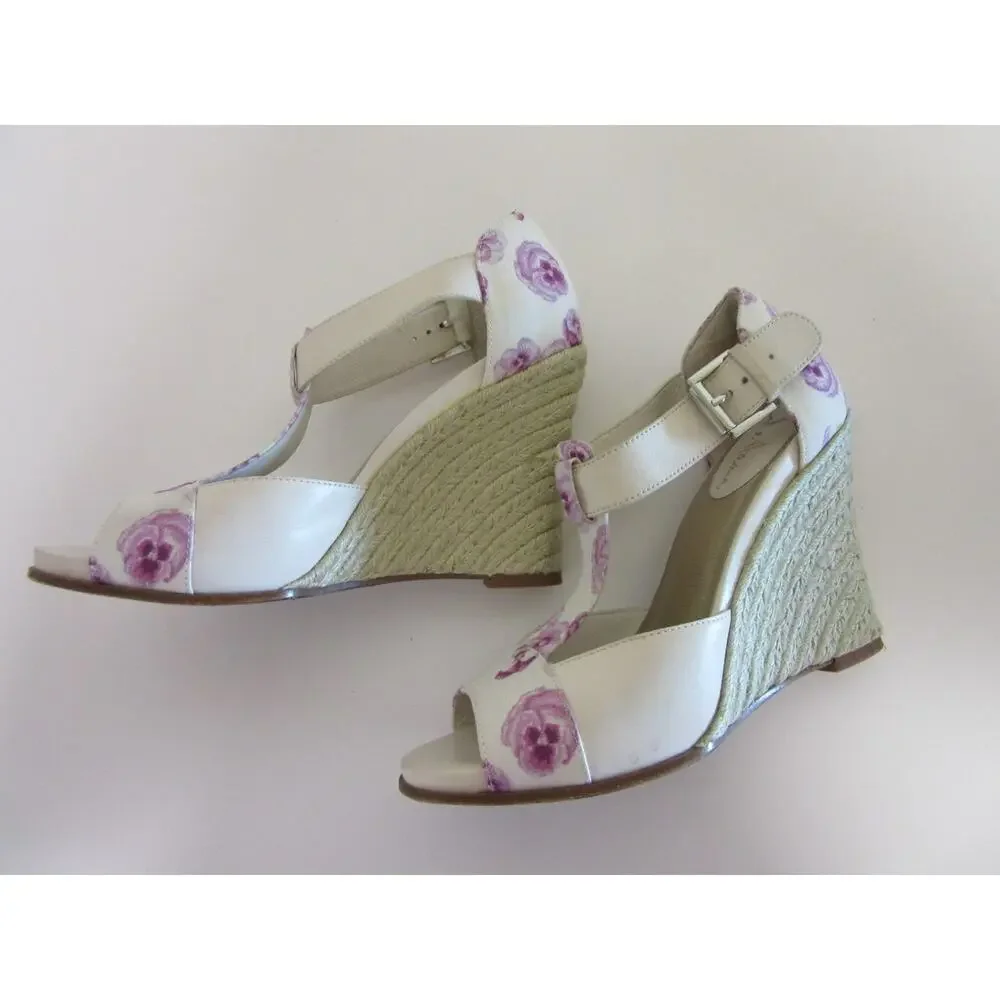 COLE HAAN Women's Purple Floral Print 6 1/2B Peep Toe Wedge T-Strap Heels