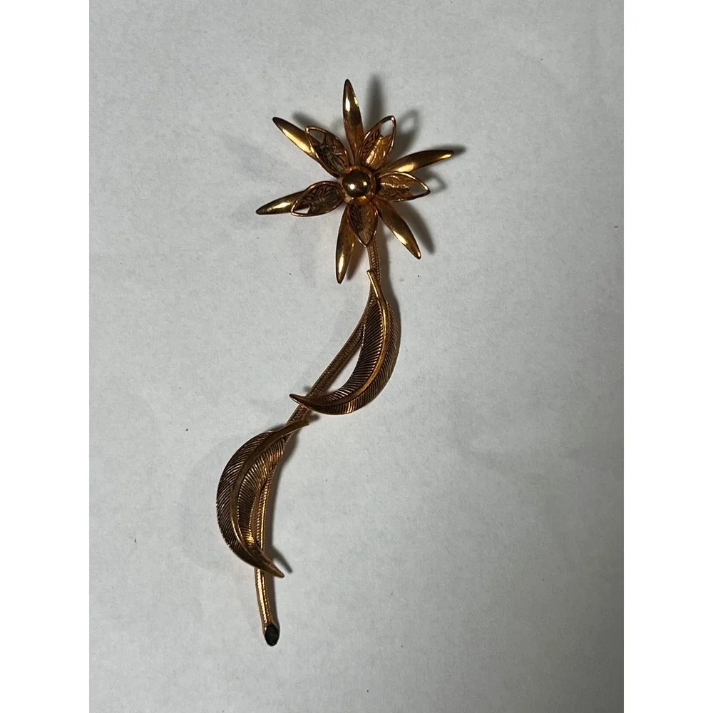Vintage Gold Tone Long Stem‎ Flower Brooch Textured Leaf Floral Pin 4.5 Inch