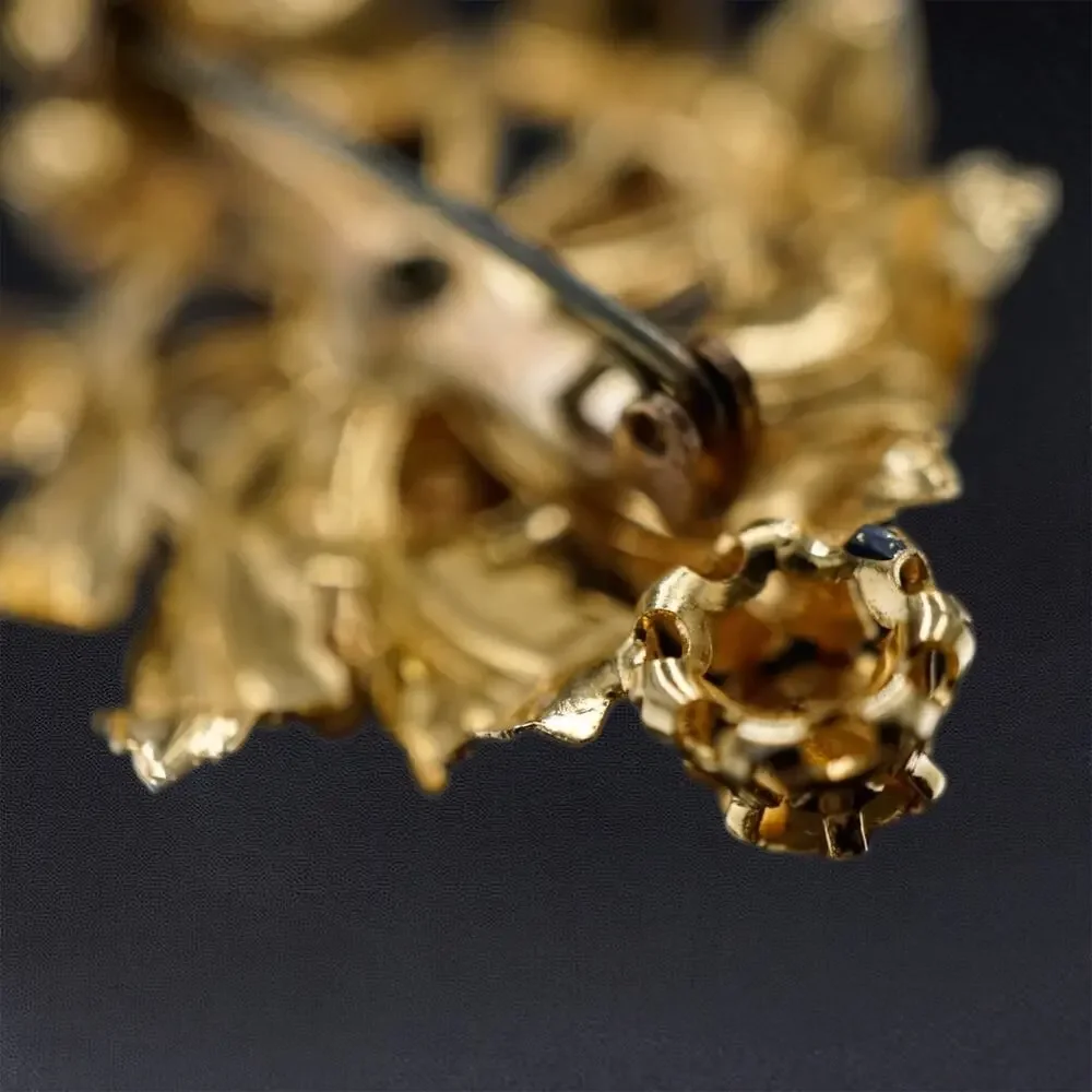 Vintage Floral Rhinestone Brooch & Earrings‎ Set Gold Tone Red Black Austria