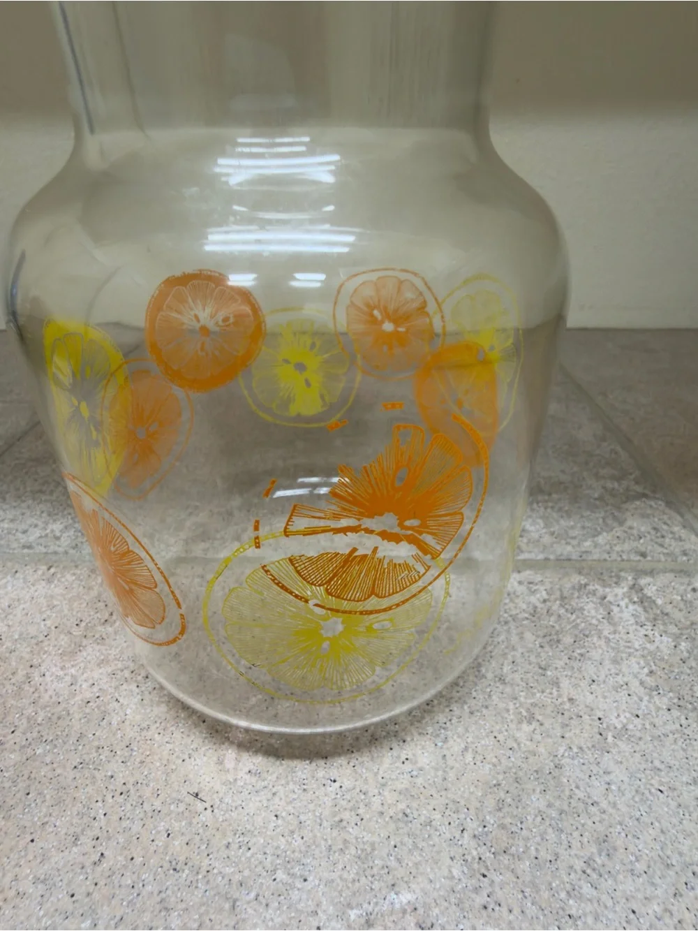 Vintage Pyrex Clear Glass Pitcher with Orange and Yellow Citrus Motif