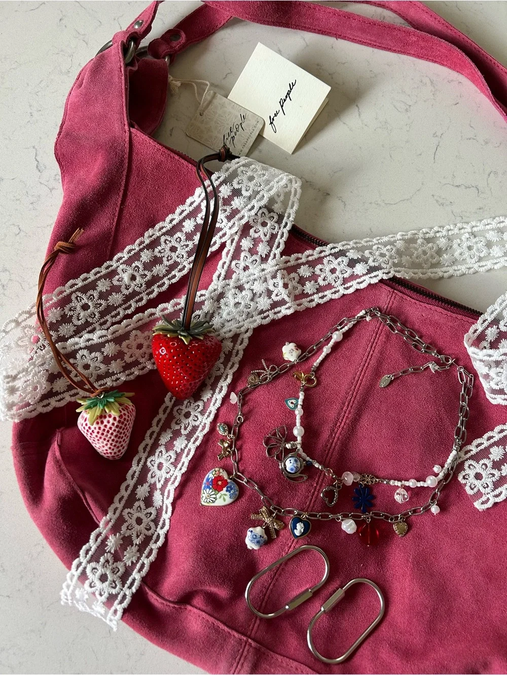 Free People Roma Suede Tote in Raspberry-Maxamillion, Strawberry Charms, & Scarf