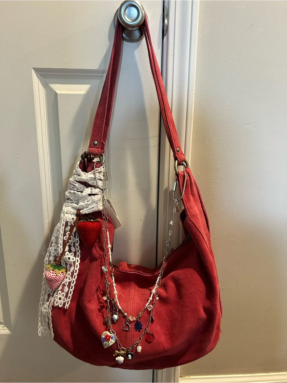 Free People Roma Suede Tote in Raspberry-Maxamillion, Strawberry Charms, & Scarf