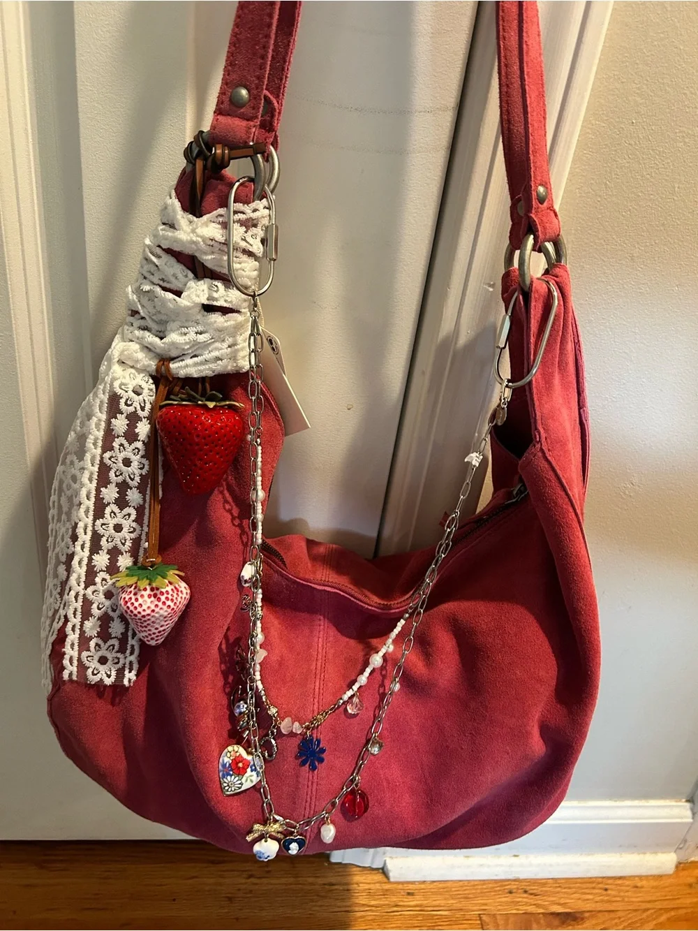 Free People Roma Suede Tote in Raspberry-Maxamillion, Strawberry Charms, & Scarf