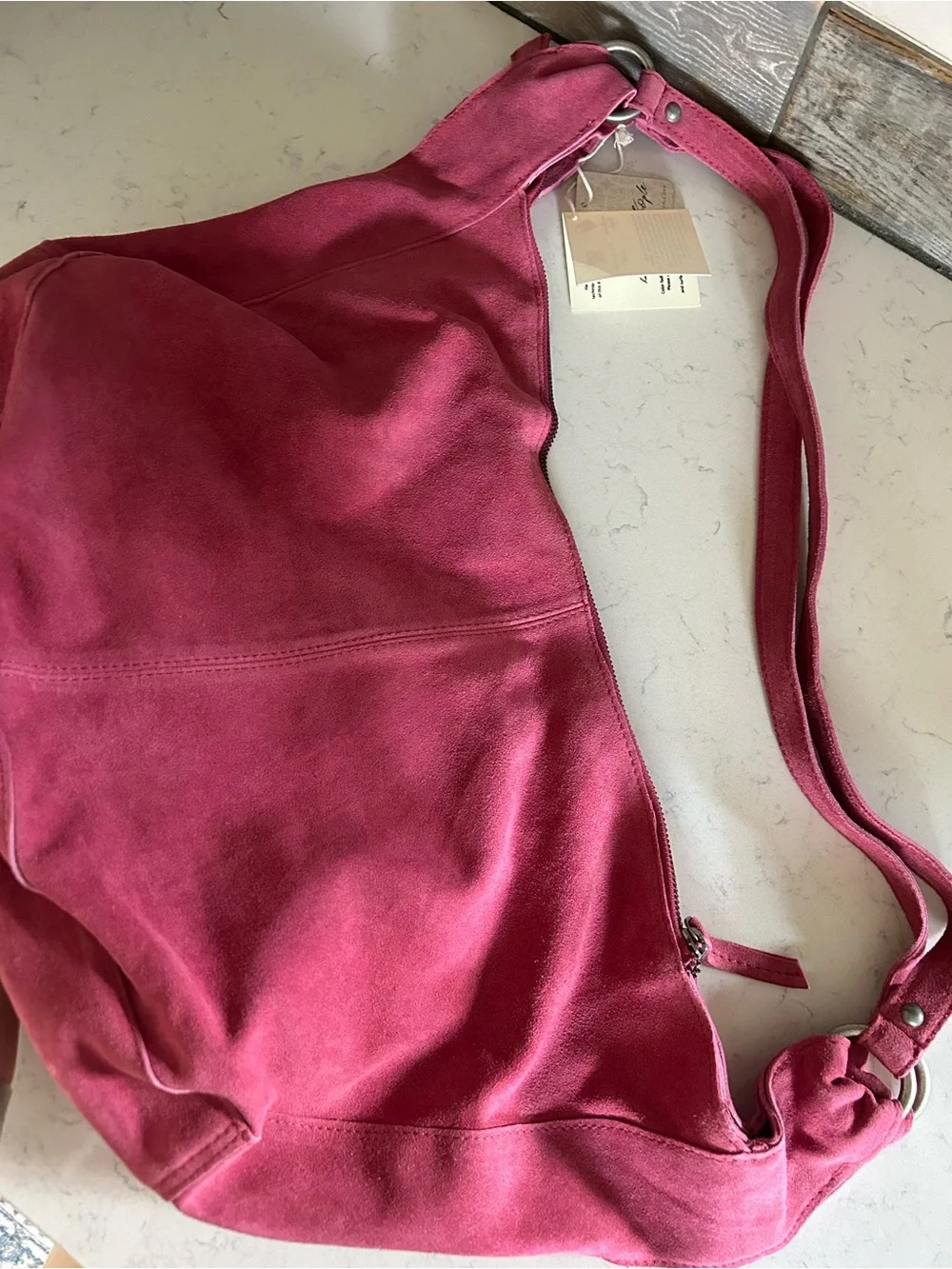 Free People Roma Suede Tote in Raspberry-Maxamillion, Strawberry Charms, & Scarf