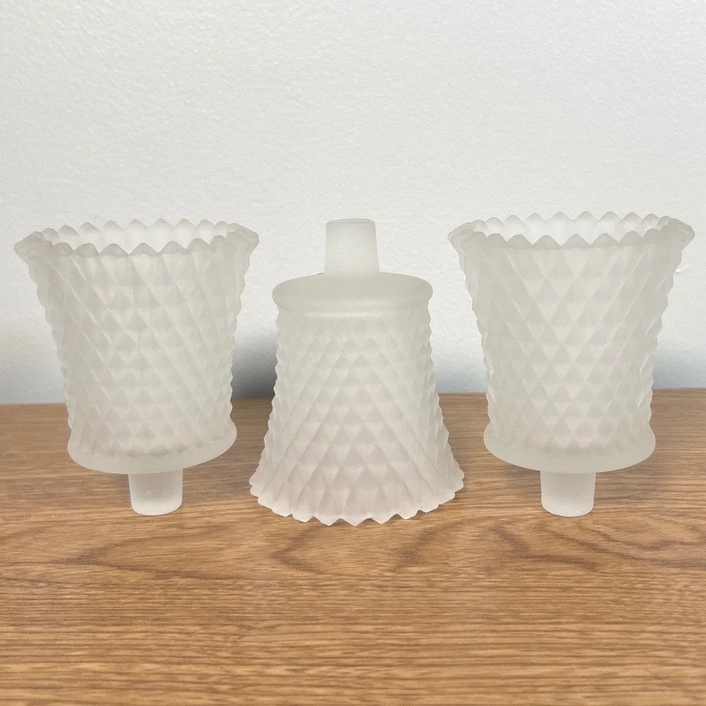 Home Interiors Frosted White Satin Glass Diamond Point Votive Peg Holder 5pc Vtg