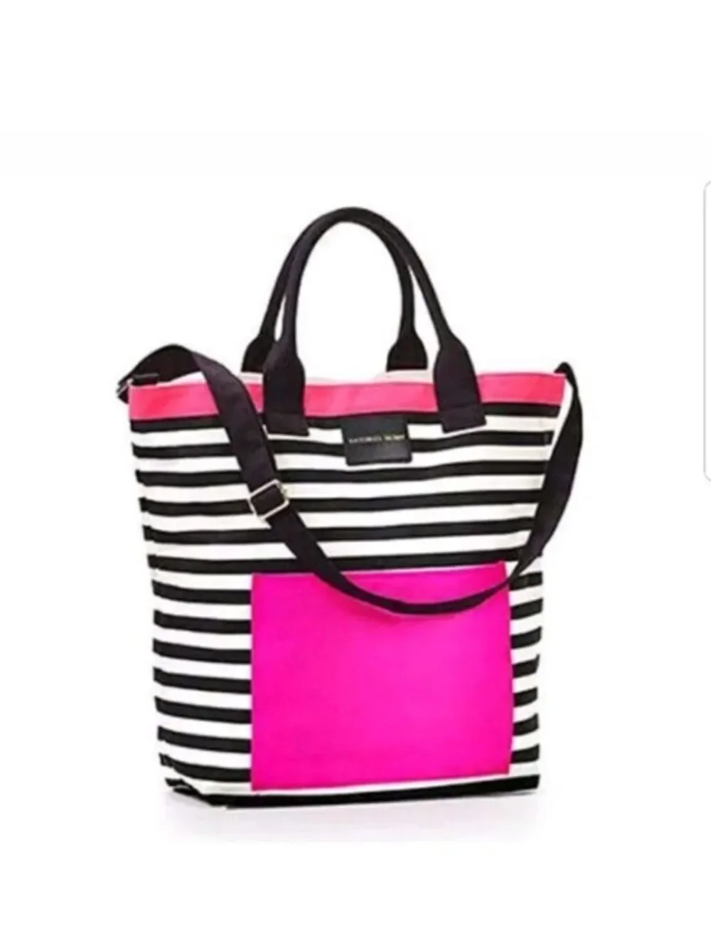 Victoria's Secret Black and White Striped Tote Bag with Pink Accents and Front P